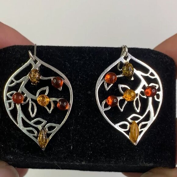 Sterling Silver 925 Amber Leaf Design Drop Dangle Earrings With 6 Amber Stones - Picture 4 of 9